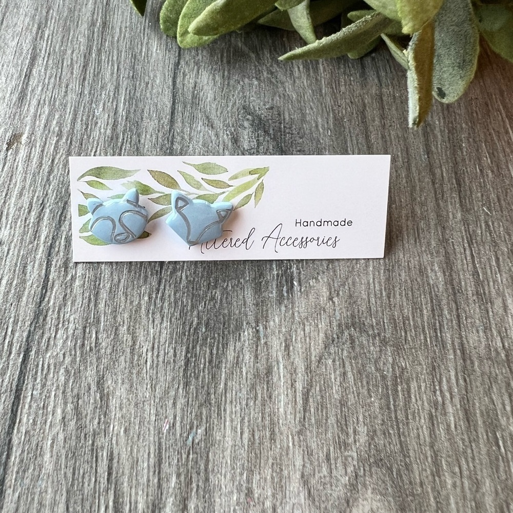 2/$15 #117 Handmade- Blue Fox & Raccoon Stud Earrings
